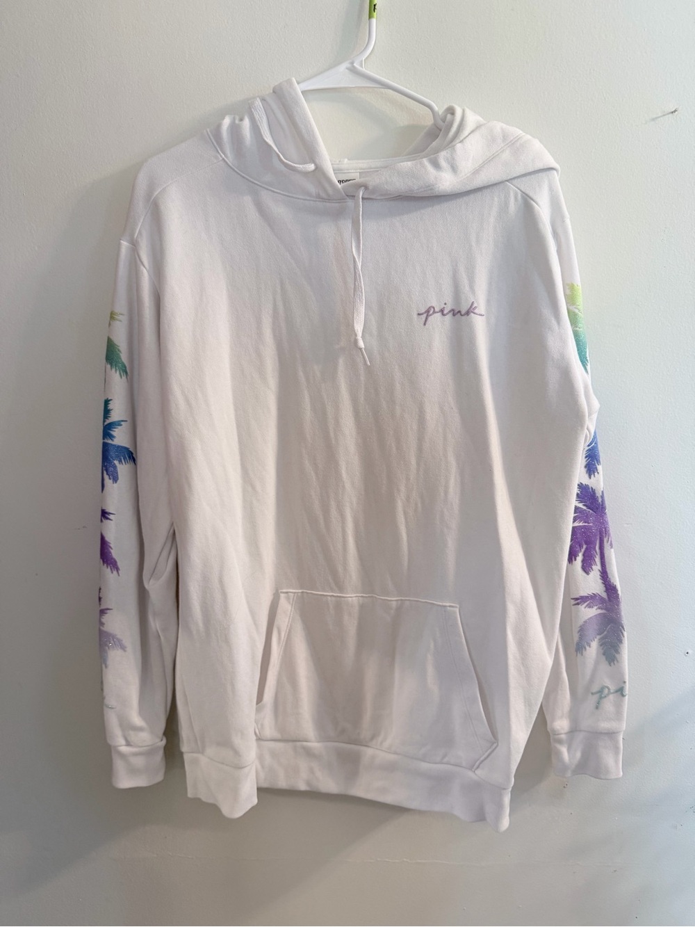 NWOT PINK Victoria's Secret White Hoodie with Pastel Palm Print